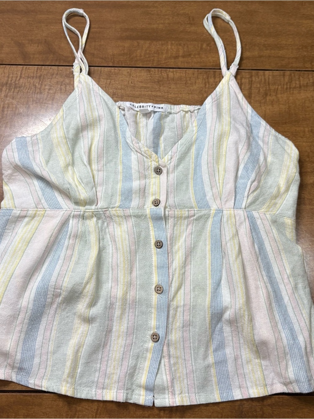 Celebrity Pink Pastel Striped Linen Blend Button Front Cami Tank Top. M